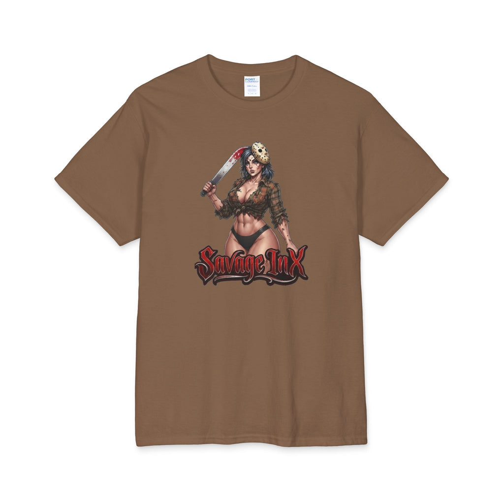 Graphic Tee — "Savage By Nature" Horror Pin-Up Cotton T-Shirt
