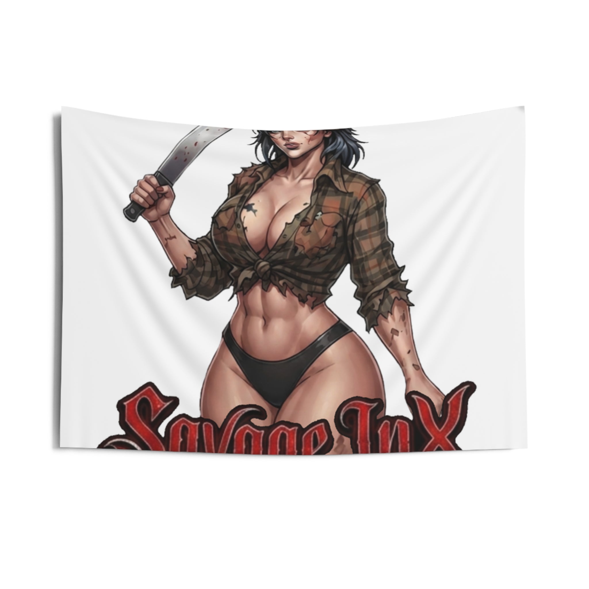 Horror Pin-Up Wall Tapestry — 'Savage Inx' Bloody Machete Design