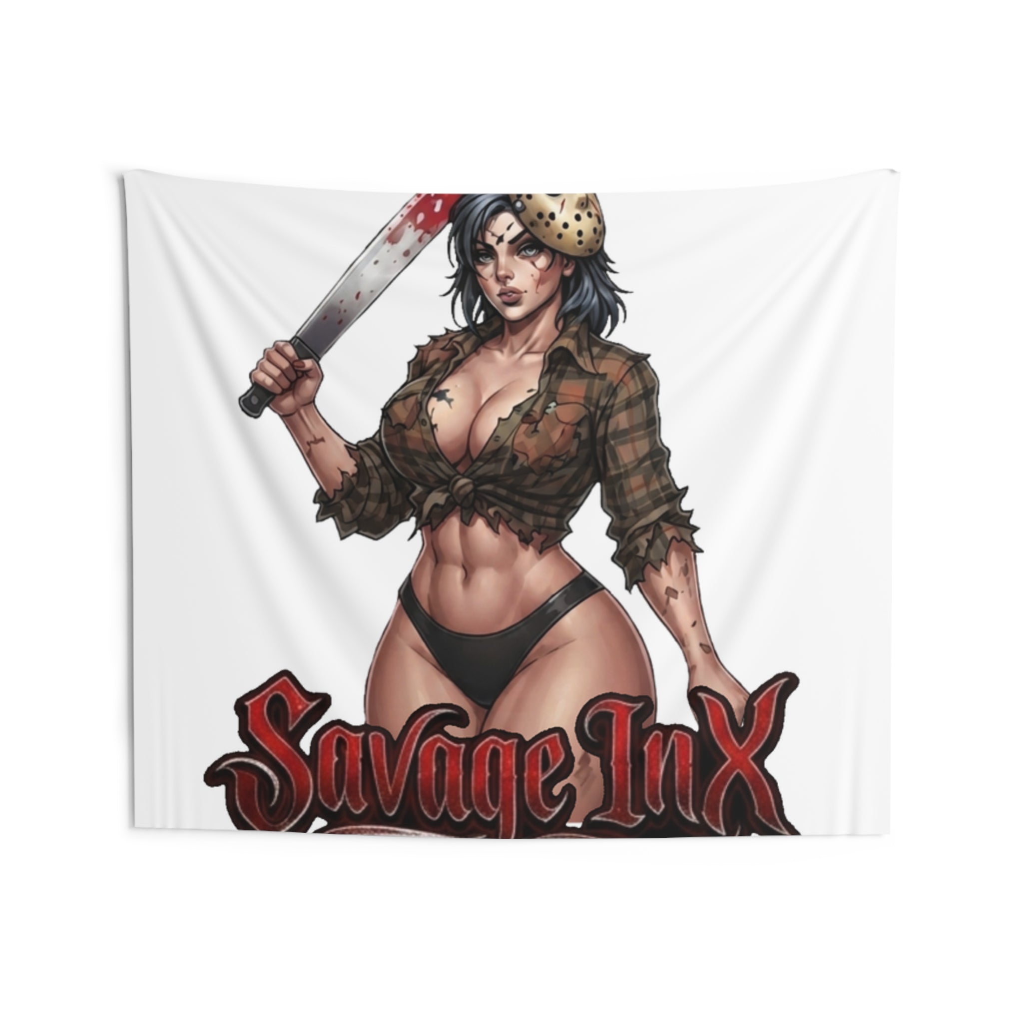 Horror Pin-Up Wall Tapestry — 'Savage Inx' Bloody Machete Design