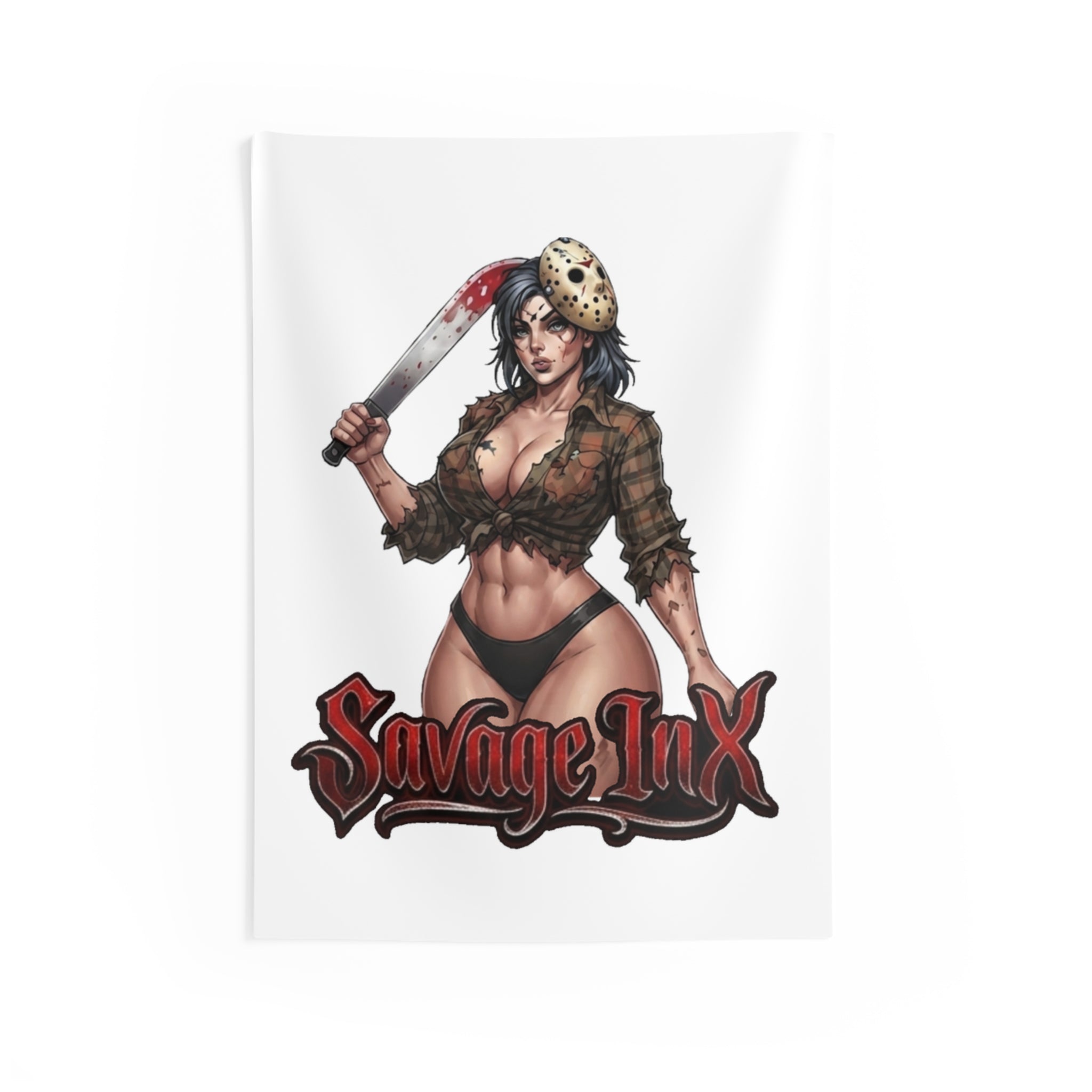 Horror Pin-Up Wall Tapestry — 'Savage Inx' Bloody Machete Design