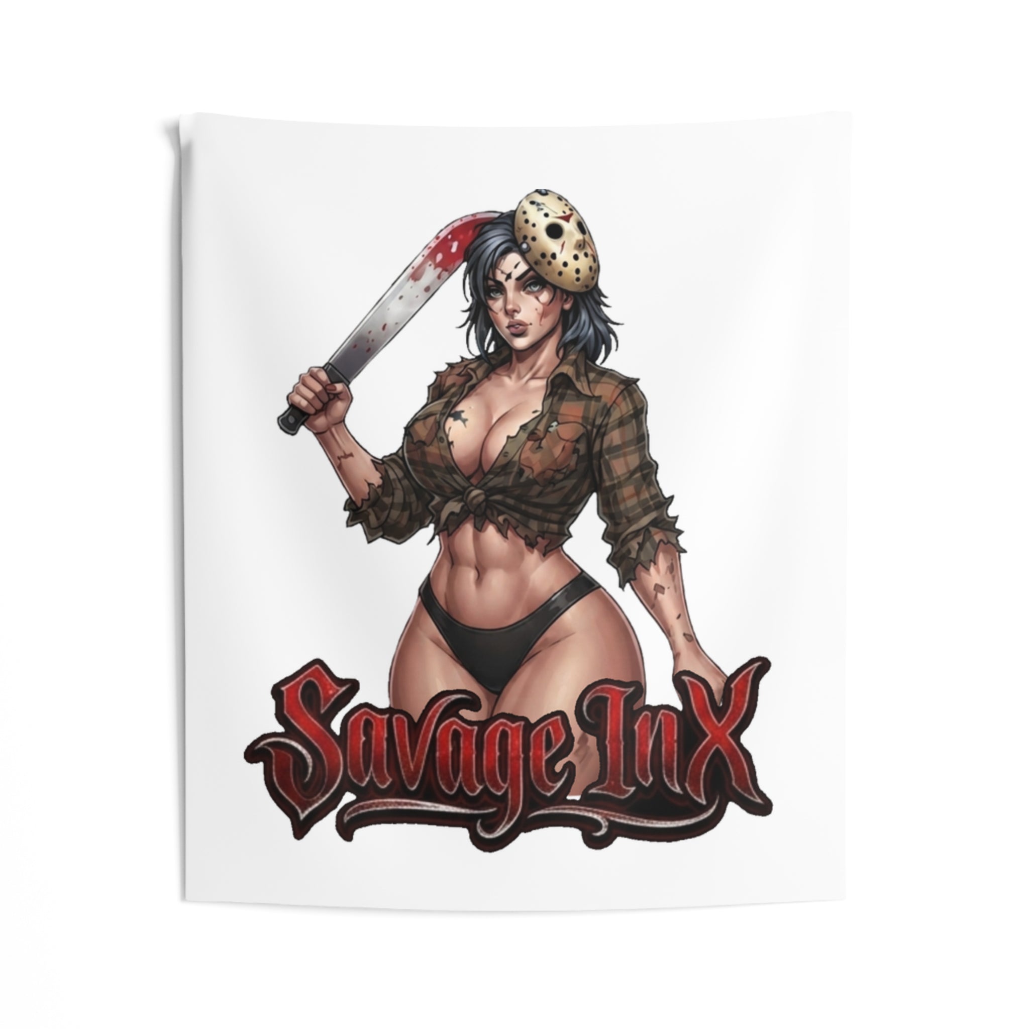 Horror Pin-Up Wall Tapestry — 'Savage Inx' Bloody Machete Design