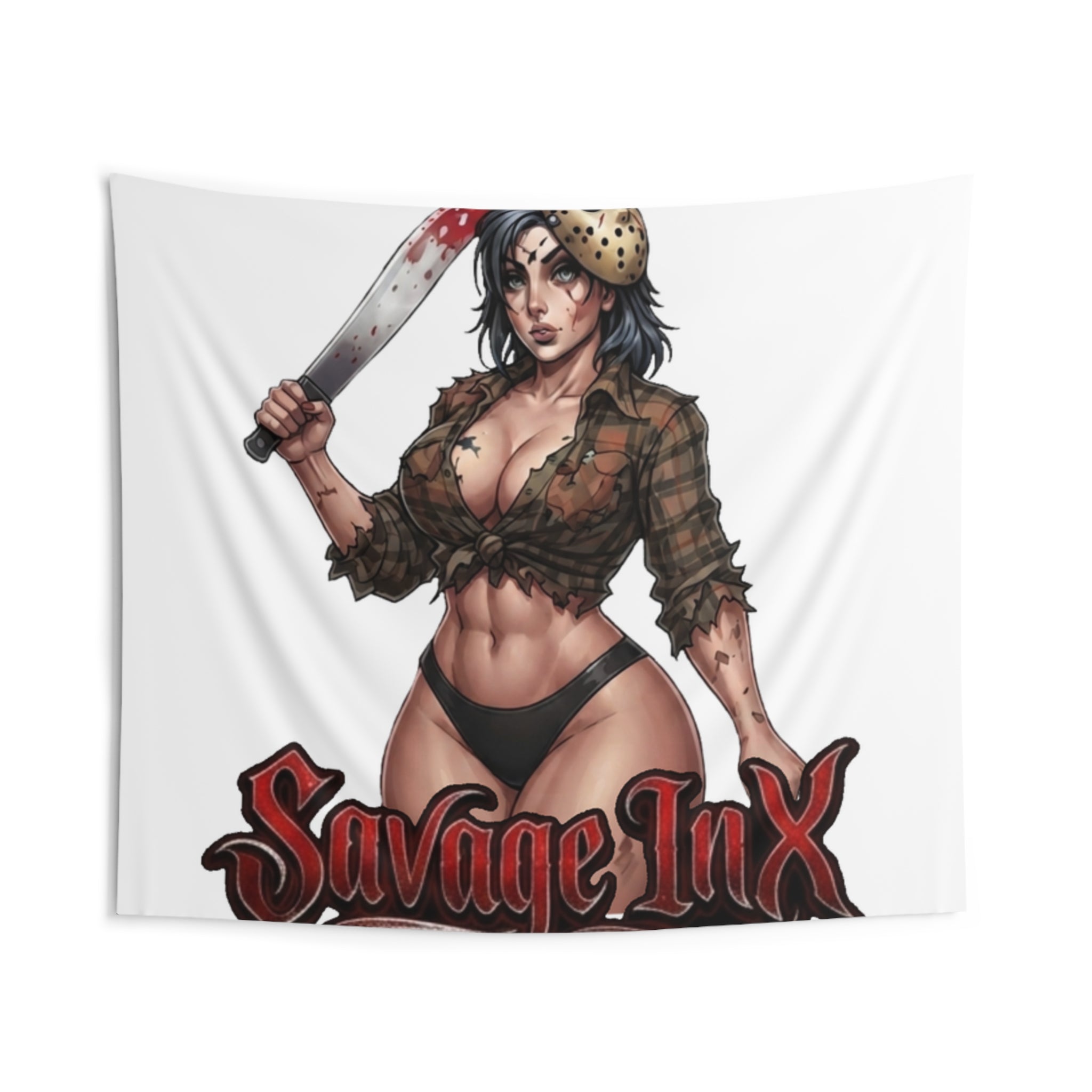 Horror Pin-Up Wall Tapestry — 'Savage Inx' Bloody Machete Design