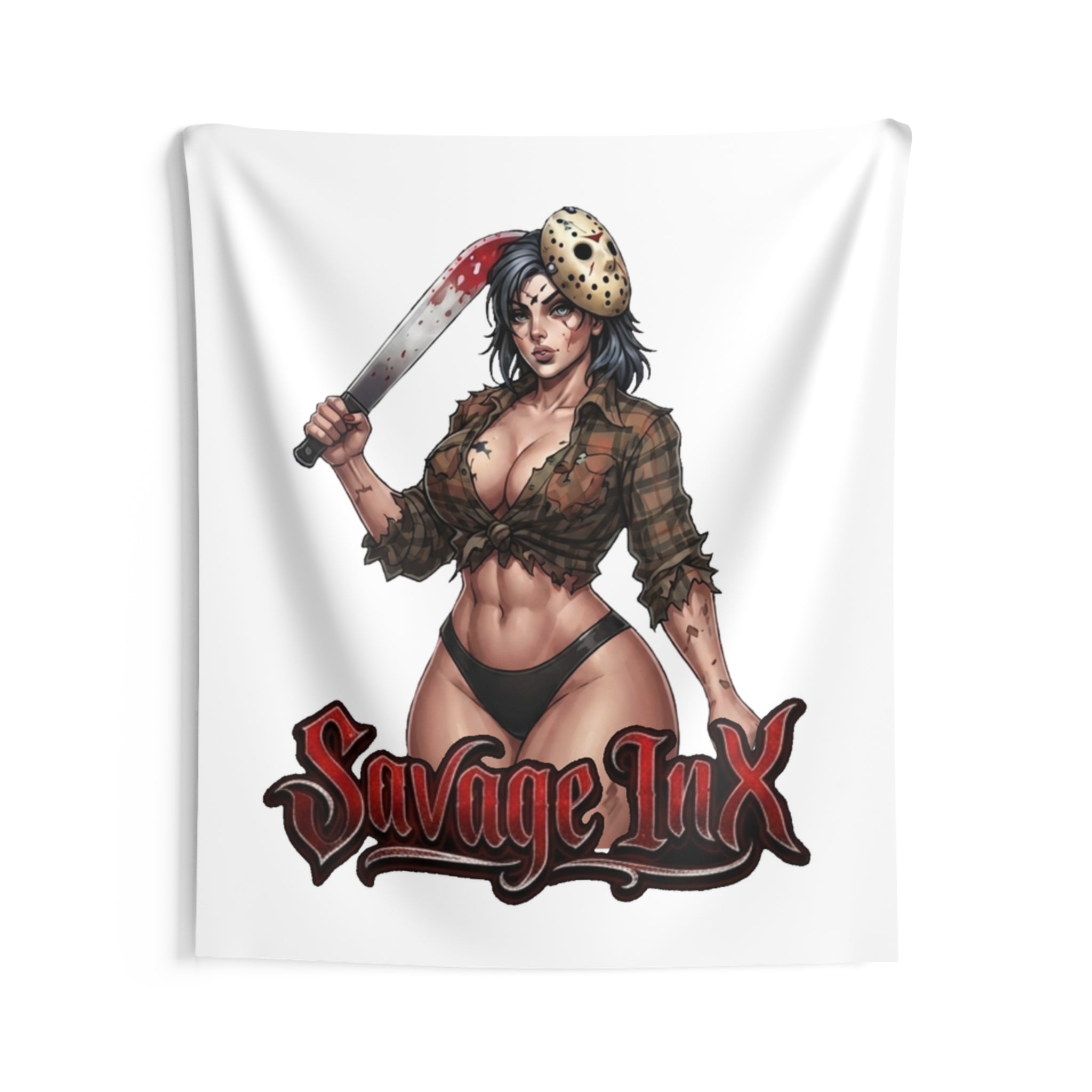 Horror Pin-Up Wall Tapestry — 'Savage Inx' Bloody Machete Design