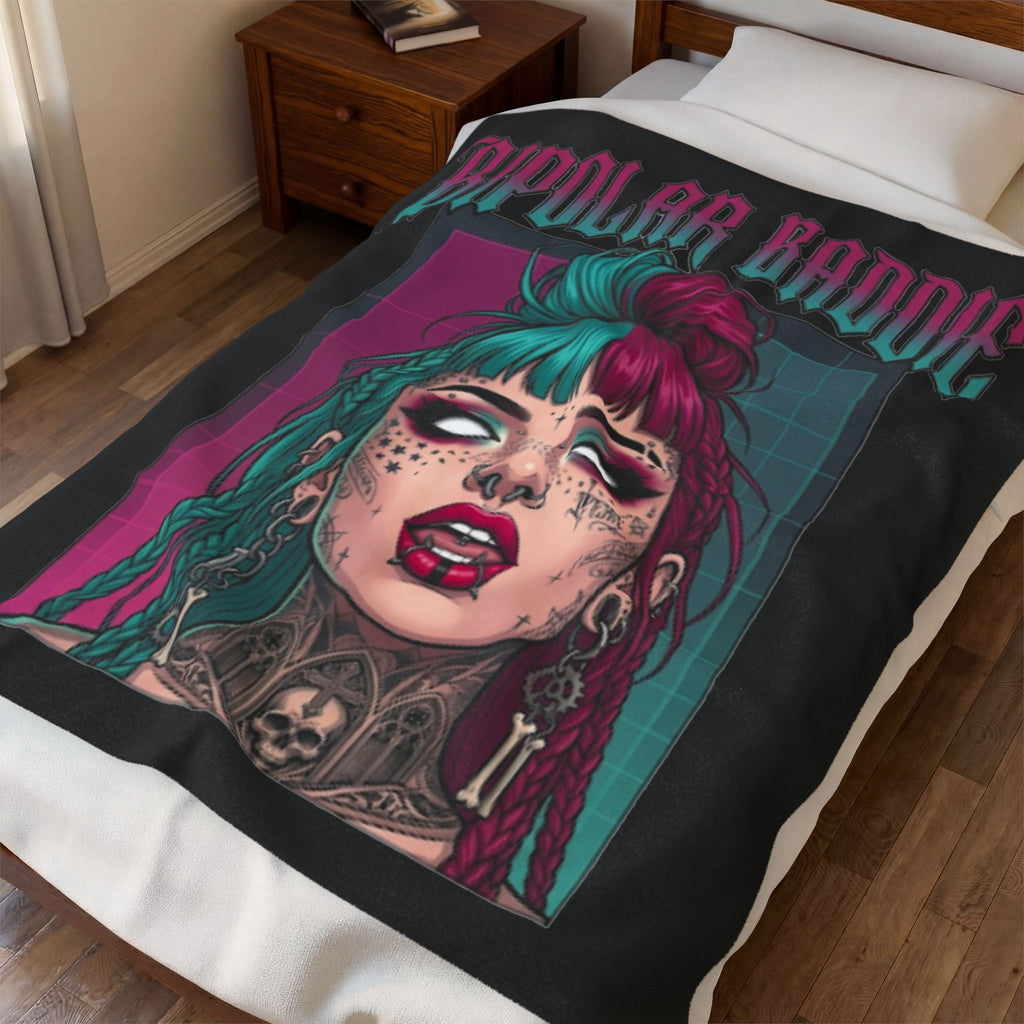 Bipolar Baddie Velveteen Plush Blanket — Gothic Punk Portrait Throw